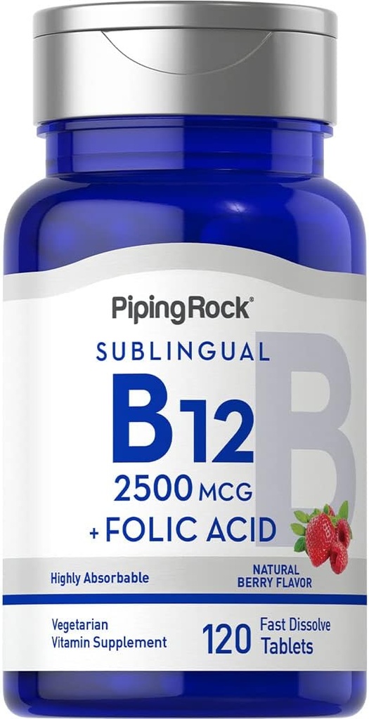 Piping Rock Vitamina B12 Sublingual | 2500 mcg | 120 compresse | con acido folico | Supplemento per donne e uomini | Sapore di bacche | Vegetariano, Non OGM, Gluten Free