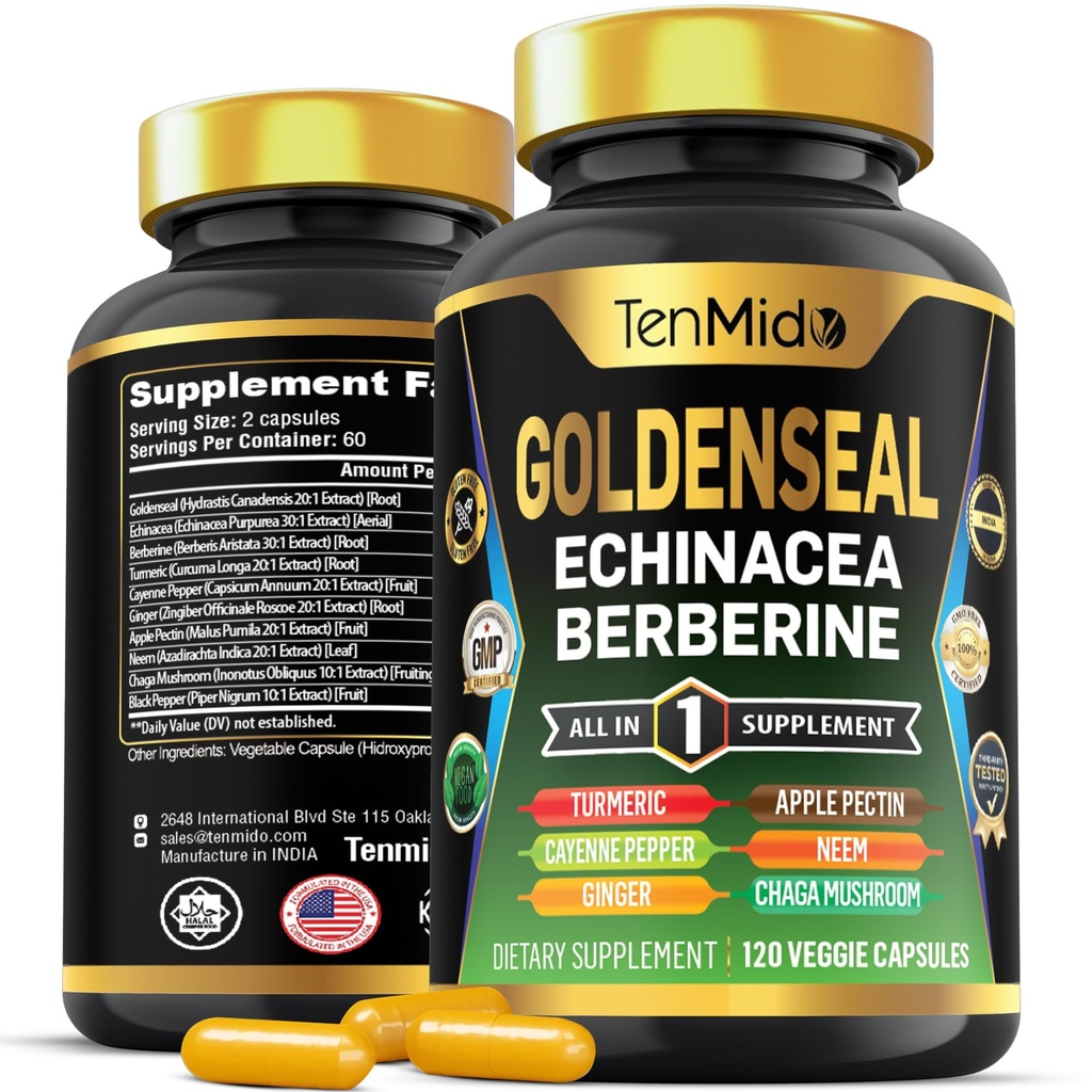 Goldenseal Root Supplement - 10in1 Formula - Combina con Echinacea, Berberina, Turmerica, Pepe di Cayenne, Ginger, Pectin di mele, Neem, & More - Supporto per la salute digestiva - 120 capsule