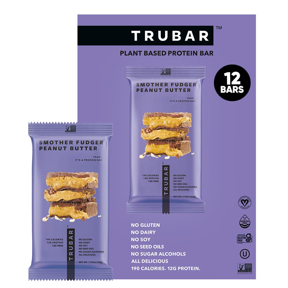 TRUBAR Vegan Protein Bars - Smother Fudger Peanut Butter, Soy Free, Dairy Free, Gluten Free Protein Bars - No Sugar Alcohols - Non-GMO - 12g di Protein - 12 Conte