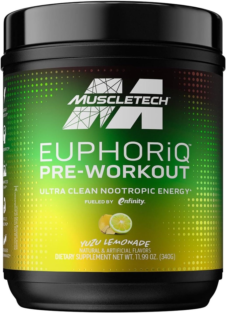 Polvere pre allenamento MuscleTech EuphoriQ PreWorkout polvere pre allenamento intelligente per uomini e donne metabolita di caffeina alimentata con paraxanthine Yuzu Lemonade (20 porzioni)