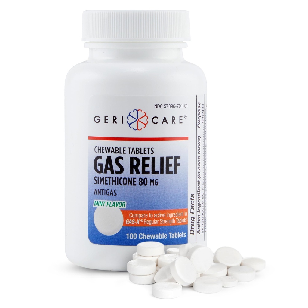 GeriCare Simethicone Chewable Gas-Relief Tablets 80mg | Fast Relief for Gas, Bloating and Discomfort | Mint-Flavored Anti-Gas Chewables | Oral Adult Gas Pain Relief | Anti-Flatulence Aid (100 compresse)