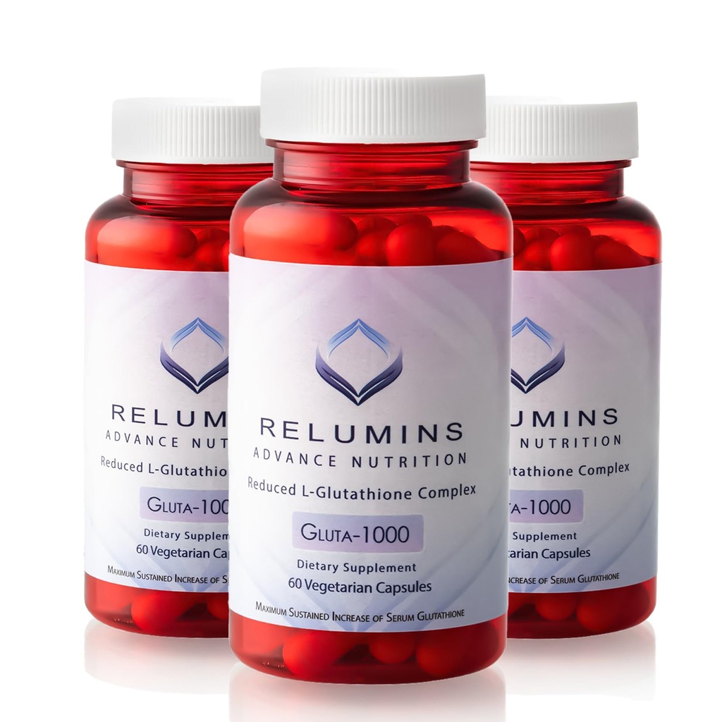 Relumins Advance Nutrition Gluta 1000 - Ridotto L-Glutathione, Alfa Lipoic Acid & Rose HIPS - Supporto antiossidante per pelle &amp; benessere generale - 60 Veg Capsule x 3 Bottiglie (90-Day Supply)