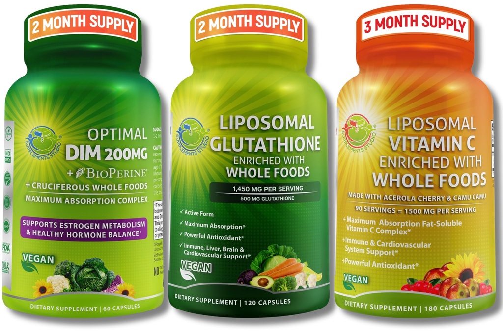 Totale Immune, Hormonal & Antioxidant Support Bundle per Donne & Uomini – Glutathione Liposomal 500mg + Vitamina Liposomal C 1500mg + DIM 200mg con BioPerine® & Cruciferous Whole Foods – Vegan & Non-GMO