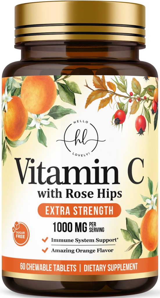 Integratore di vitamina C 1000mg - Resistenza extra con le palpebre di rosa Bioflavonoidi - Pillole Chewable di vitamina C senza zucchero, Vit C della natura per il supporto immunitario e la protezione antiossidante - 60 compresse da masticare