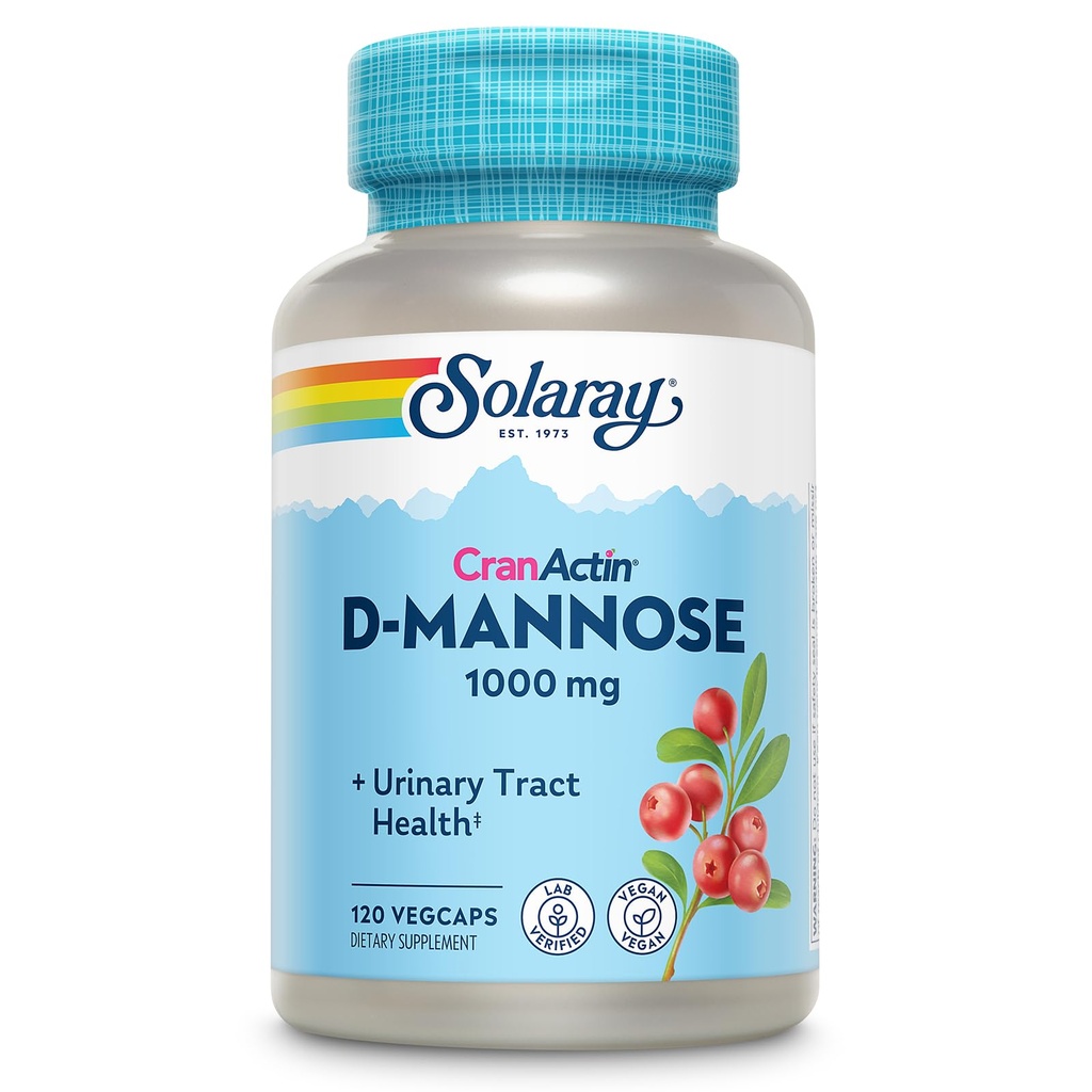 SOLARAY D-Mannose 1000mg con estratto di mirtillo di CranActin - D Mannosio e supplemento di mirtillo con vitamina C - Supporta la salute del tratto urinario - Vegan, garanzia di 60 giorni