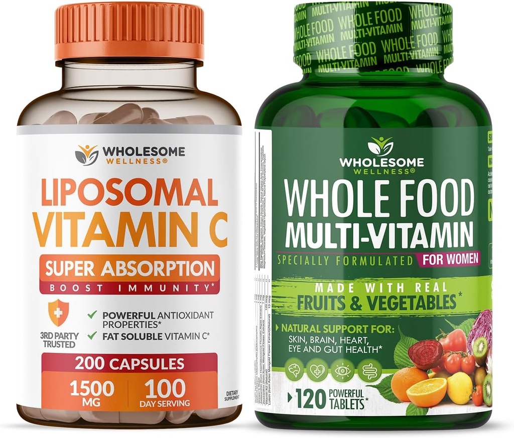 Intero benessere Liposomal Vitamina C Capsule (200 Pillole 1500mg Buffered) Alta assorbimento VIT C + Intero Cibo Multivitamina per Donne - Naturale Multi Vitamine, Minerali, Estratti organici Bundle
