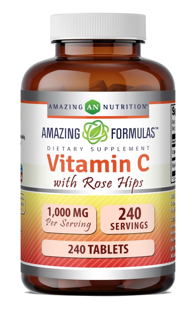 Incredibile formula vitamina C con Rose HIPS Supplemento | 1000 Mg | 240 compresse | Non-GMO | Gluten-Free | Made in USA