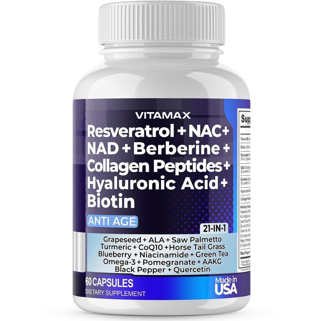 Resveratrolo NAD+ Acido Ialuronico Berberino - Biotina Grape & Blueberry + NAC - Peptidi di collagene - Capelli, Unghie, Pelle & Integratore Congiunto - 21-in-1 Donne e Uomini - Made in USA (60 Conteggio (Pack of 1)