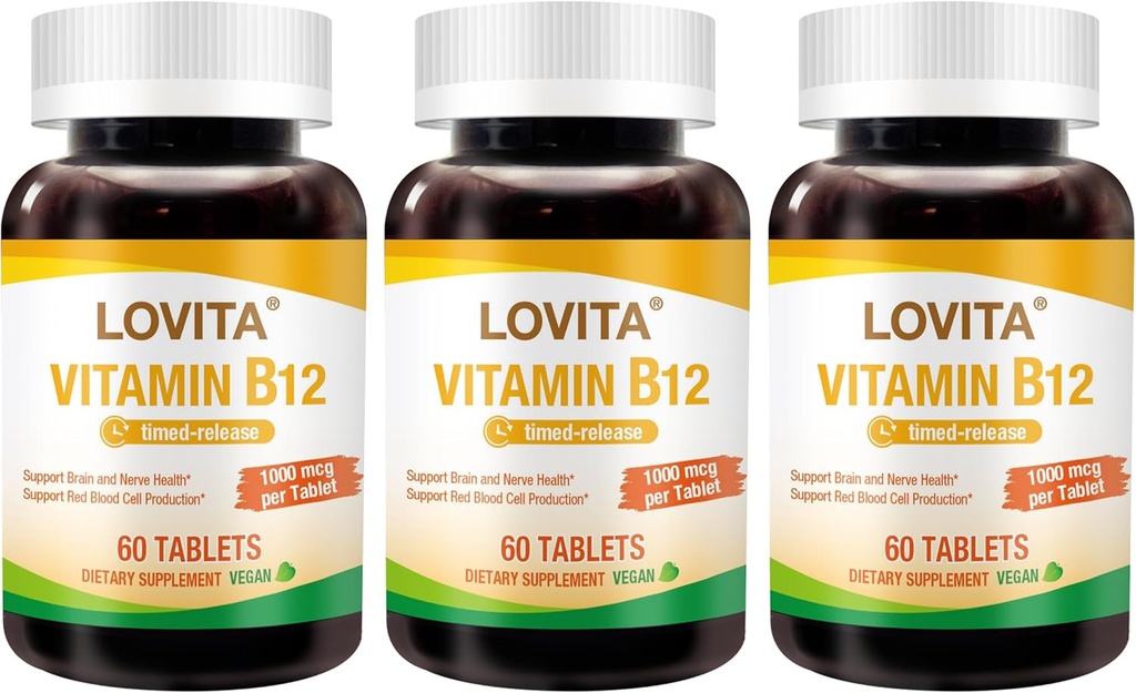 Lovita Vitamina B12 1000 mcg (B12 Vitamine come Cyanocobalamin), Timed Release B12, Vegan-Friendly, Supports Nervous System, 60 compresse vegetariane (2 mesi di alimentazione) (Pack of 3)