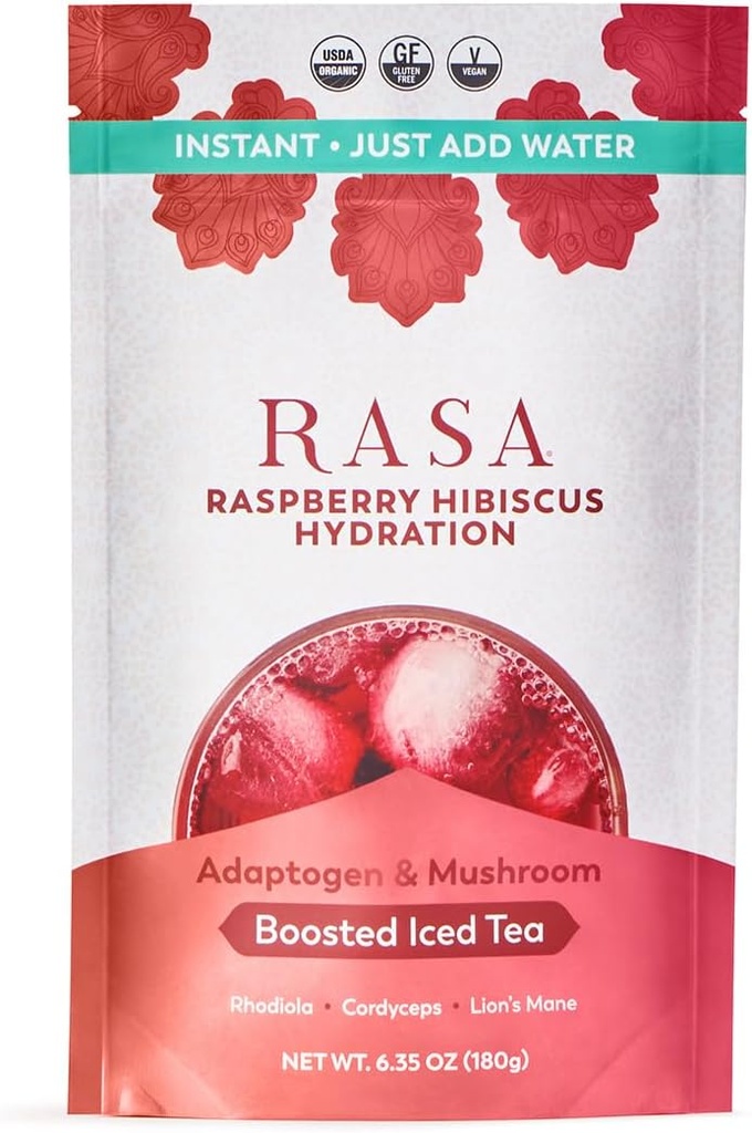 Rasa Raspberry Hibiscus Hydration | Organic Boosted tè freddo con adaptogens e funghi | Gluten-Free, Miscela di bevanda di elettrolita Premium, Idratazione rinfrescante (6 oz / 24 Serve)