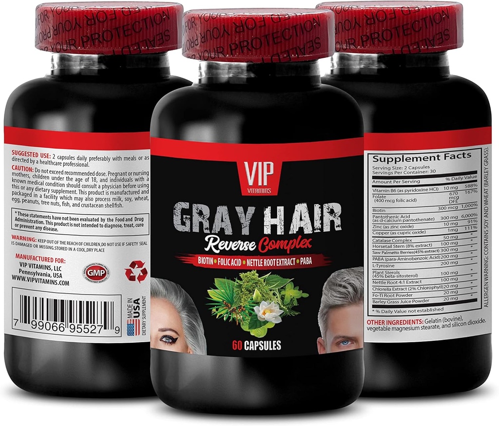 Saw Palmetto Mens Hair - Gray Hair Reverse Complex - Soluzione Naturale - Risultati Potenti, Capelli Grigi, Vitamine Biotina per Capelli Pelle e Unghie, Paba Supplemento, Gray Hair Supplement, 1 Bot 60 Caps