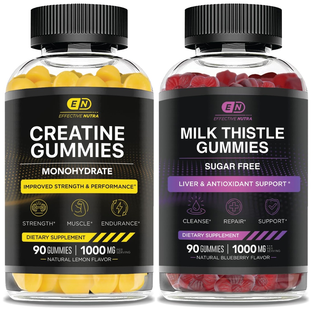 EFFECTIVE NUTRA Creatina Monoidrato Gummies 90ct & Sugar Free Milk Thistle Gummies 90ct