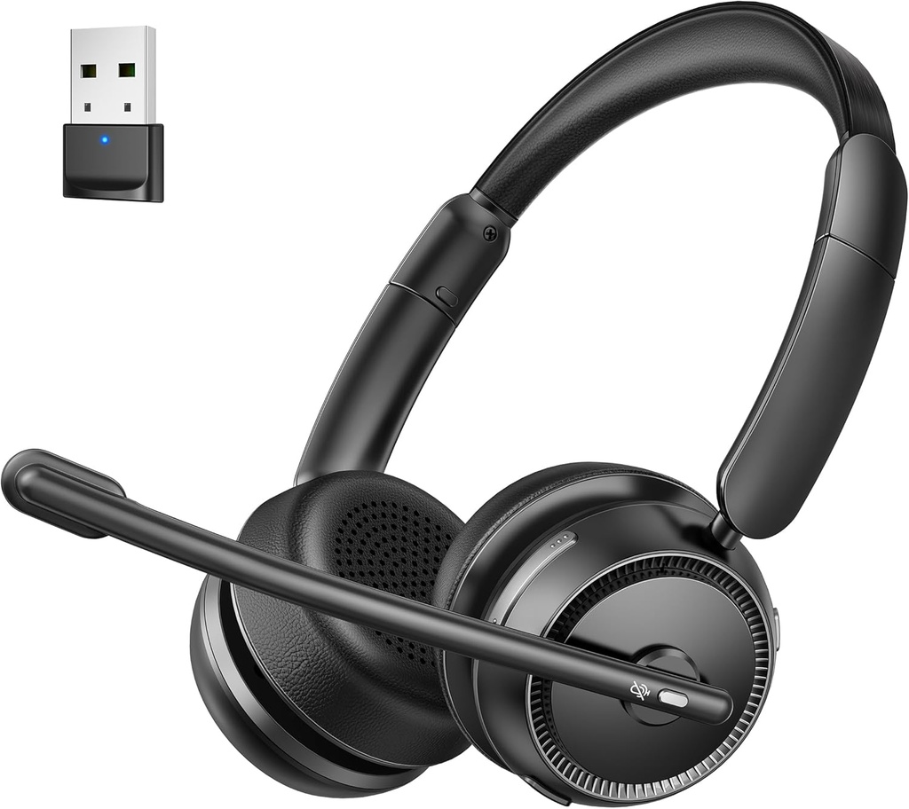 Auricolare Bluetooth con AI Noise Canceling Microfono, Cuffie Bluetooth Stereo HiFi, Auricolare wireless con USB Dongle per Computer Office Call Center Skype Zoom Meeting Trucker