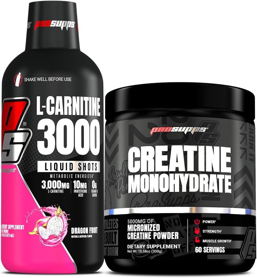 PROSUPPS L-Carnitina 3000 Stimolant Liquid Shots (31 Serve, Dragon Fruit) e Creatina 300 Monoidrato (60 Serve) Bundle