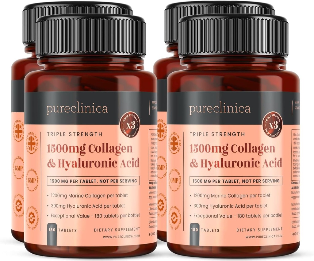Pureclinica Collage marino a tripla resistenza e acido ialuronico – 1500mg per Tablet | 720 compresse (4 bottiglie di 180) | Supporta pelle, articolazioni e idratazione