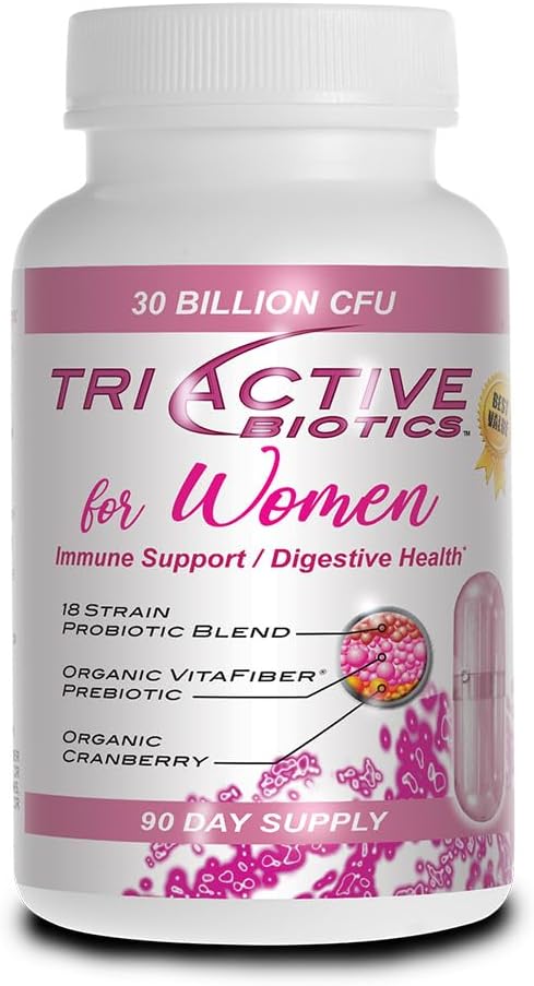 Biotici triattivi di origine essenziale per le donne - Probiotici per le donne con 18 strati, Prebiotici e mirtillo vitaFiber organici a supporto digestivo, Difesa immunitaria, urinaria, salute vaginale - 90 capsule