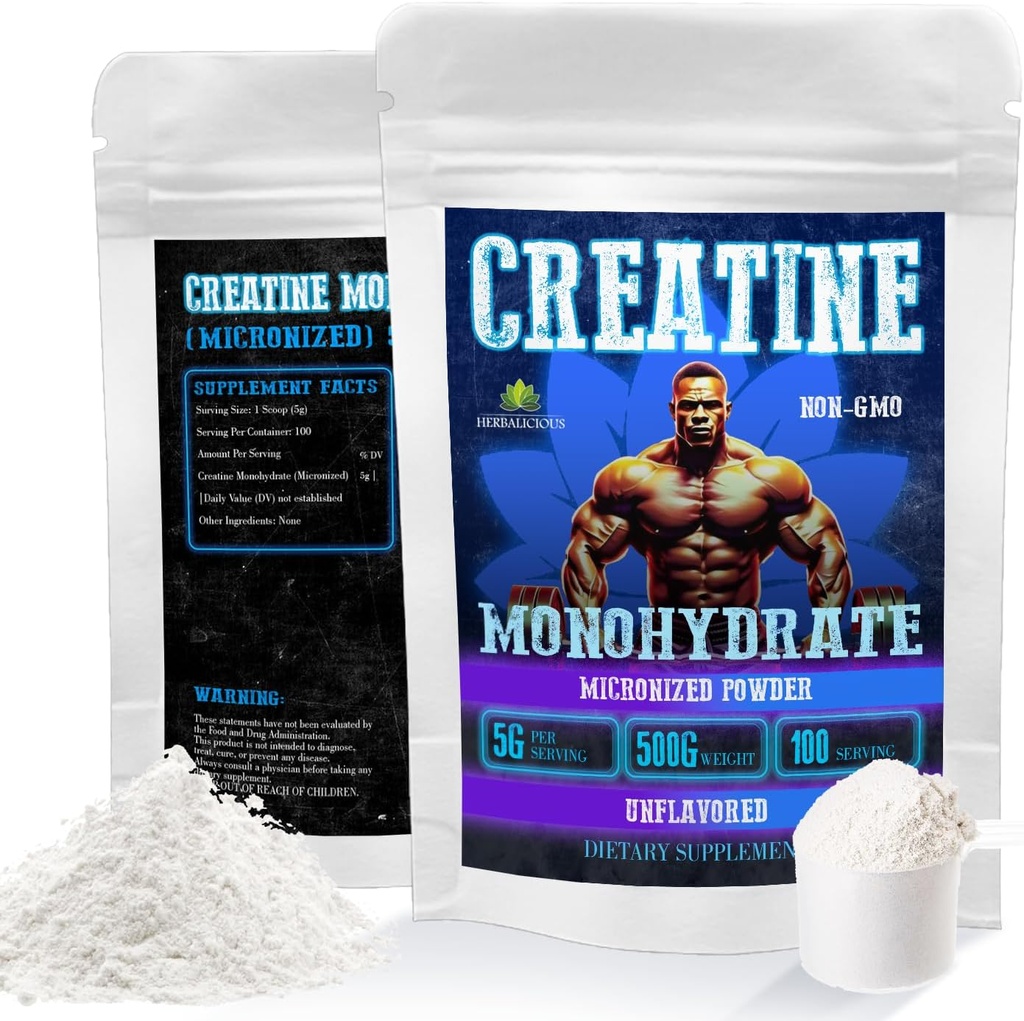 HERBALICIOUS Creatina monoidrato polvere micronizzata – 5g per porzione per forza, potenza e prestazioni – Formula non aromatizzata – 100 Serve, 500g