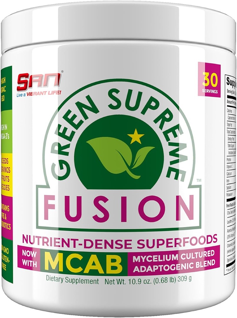 Antiossidante Green Supreme Fusion Blend di SAN Nutrition: Super Greens Smoothie Mix con Spirulina, Clorella, Funghi adaptogeni, 30 Serve