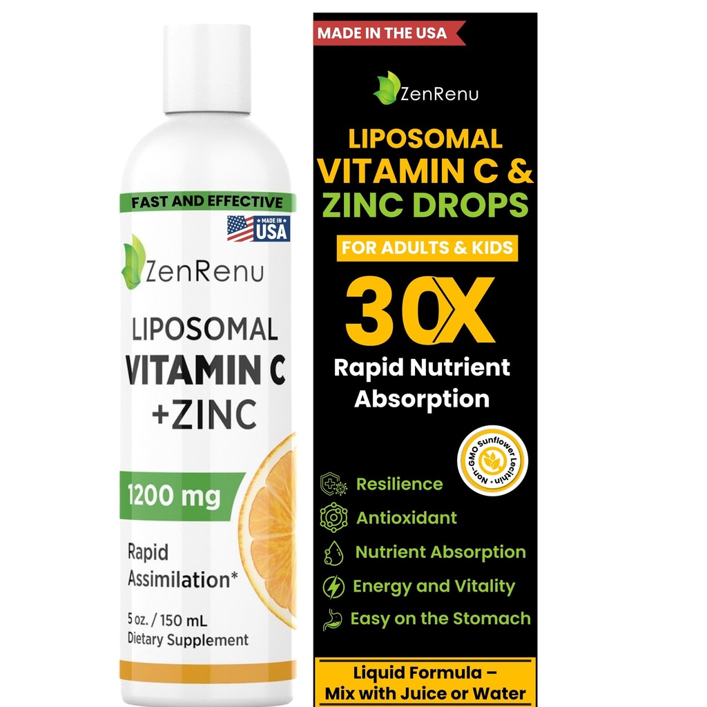 Zenrenu Liposomal Vitamina C e Zinc Liquid Drink per Adulti & Bambini - Lecitina Non OGM Sunflower - Supporto Max Antiossidante & Immune, 5 oz / 150 ml