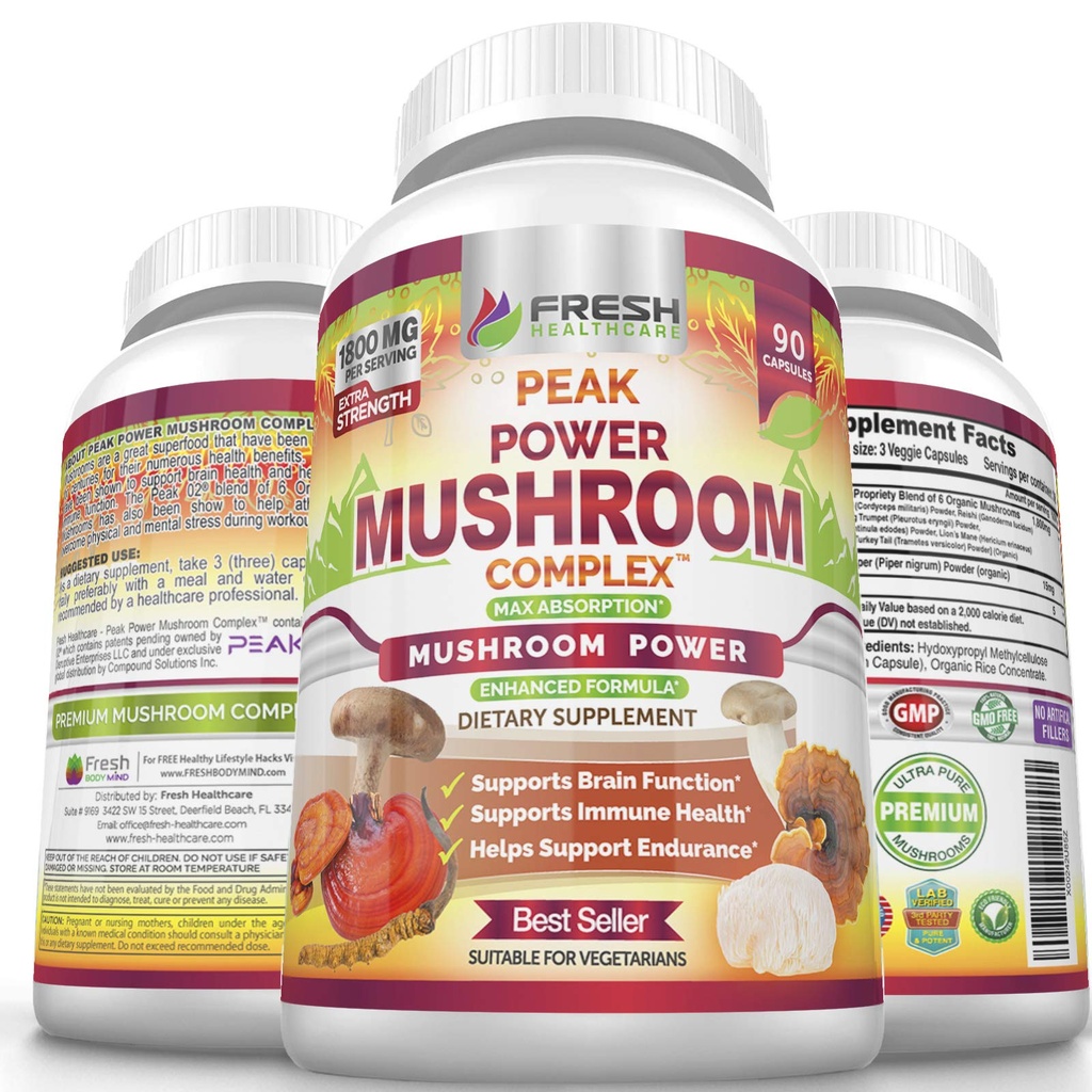 FRESH HEALTHCARE Mushroom Supplement - Lions Mane, Cordyceps, Reishi, Turchia Tail e Shitake - Supporto immunitario e cervello - Peak Power Mushroom Supplement - 90 Vegan Capsule
