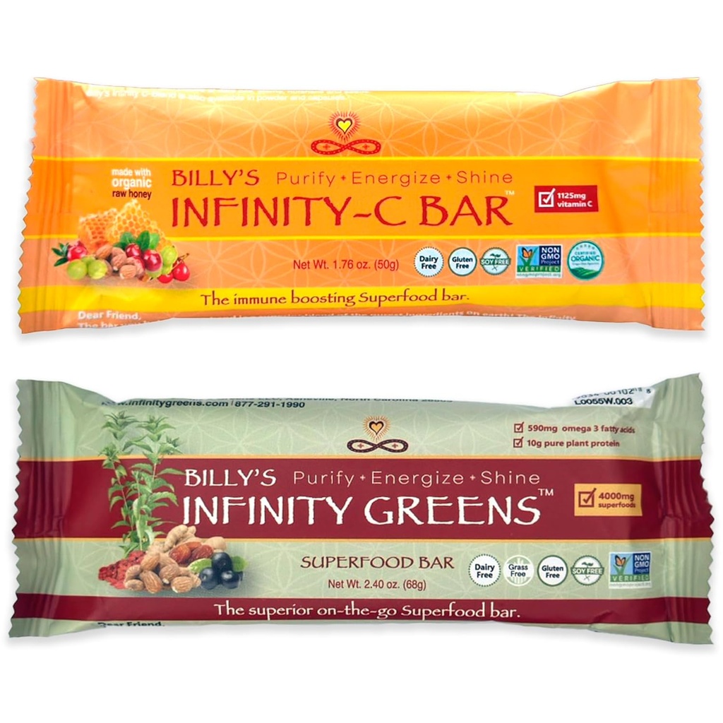 Infinity Greens Bundle, 1 Box Green Superfood Bar (12 Pack), 1 Box Organic Vitamin C Snack Bar (12 Pack)