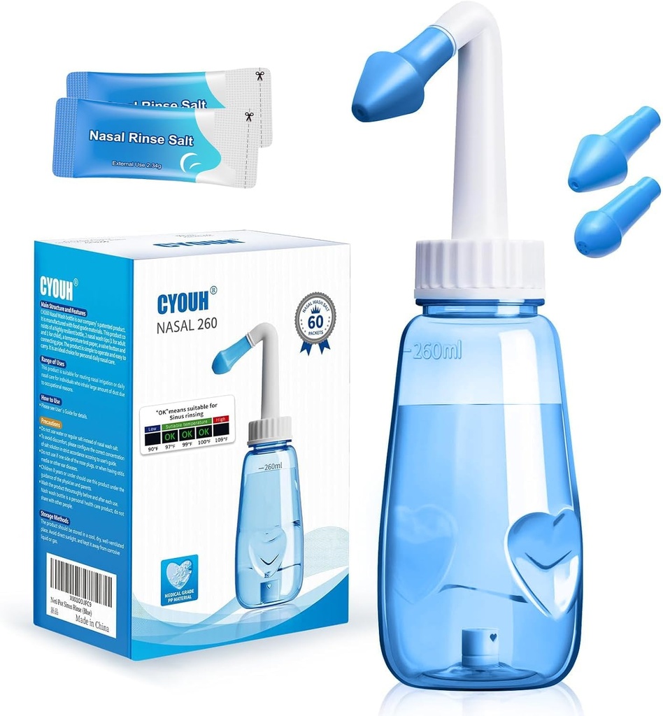 Neti Pot Sinus Rinse Bottiglia 260 ML con 60 Nasal Wash Salt Packets e Sticker Thermometer Nose Wash Cleaner Pressione Risciacquare Irrigazione nasale per Adulti & Kid BPA Free (blu)