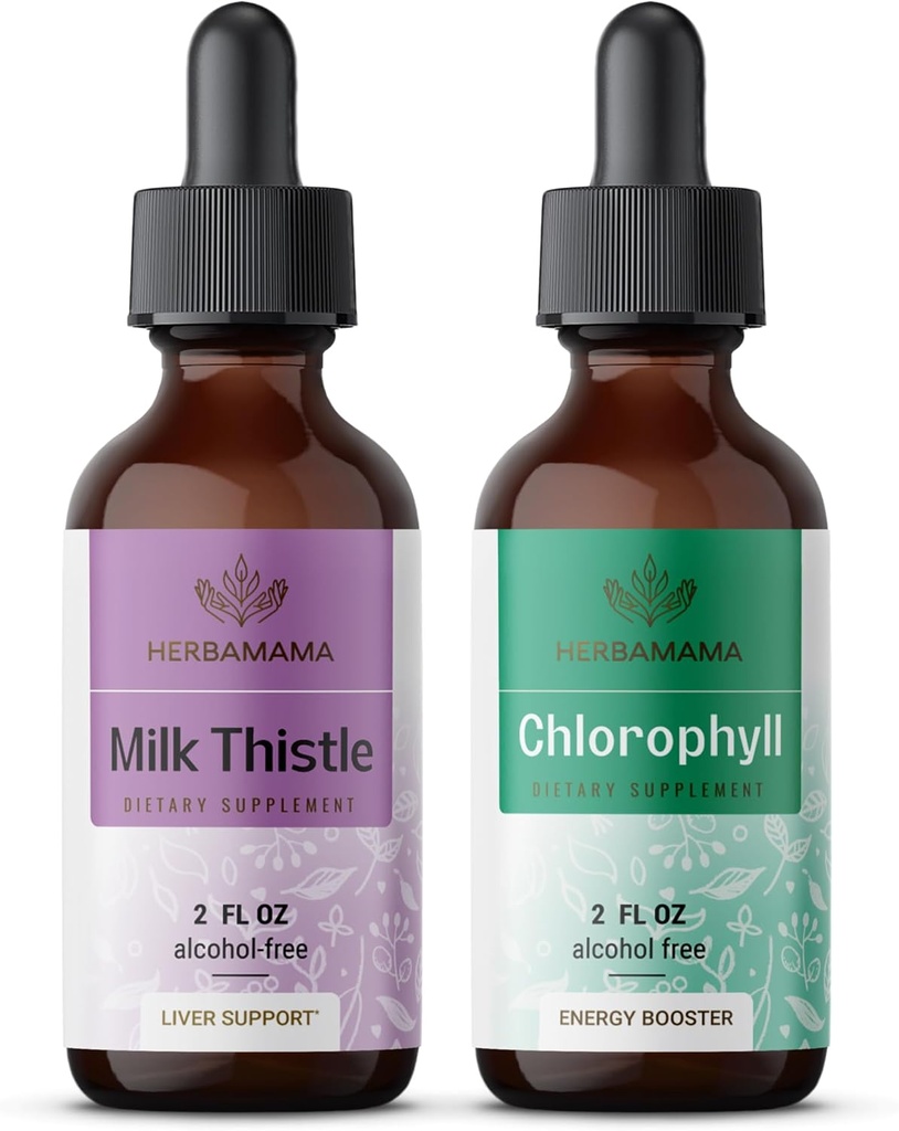 HERBAMAMAMA Kit di gocce liquide a base di erbe - Bundle di estratto di cardo di latte 2 fl oz e clorofilla liquida 2 fl oz - Estratto liquido di supplemento vegano - Non OGM, Zucchero & Alcol-Free - 2 Pack