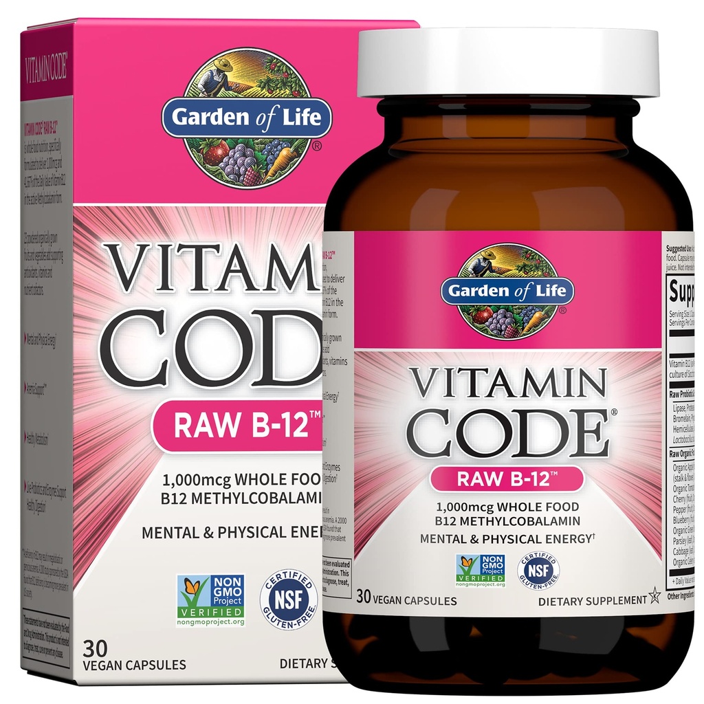 Garden of Life Vitamin Code Raw B-12-30 capsule, 1000mcg Whole Food B12 Methylcobalamin for Energy, Vegan Methylcobalamin Vitamin Plus Probiotics and Enzymes, Gluten Free Supplements