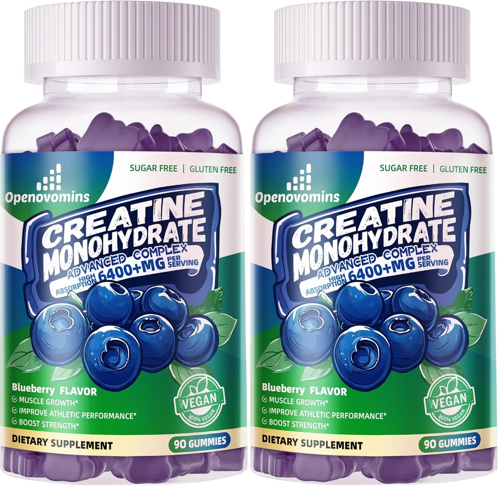 Creatina monoidrato Gummies Complesso per uomini e donne -Formula avanzata W/L-Taurine + Vitamina B12, Zucchero Gratis Chewable Supplement,180 Blueberry Gummies 2pack