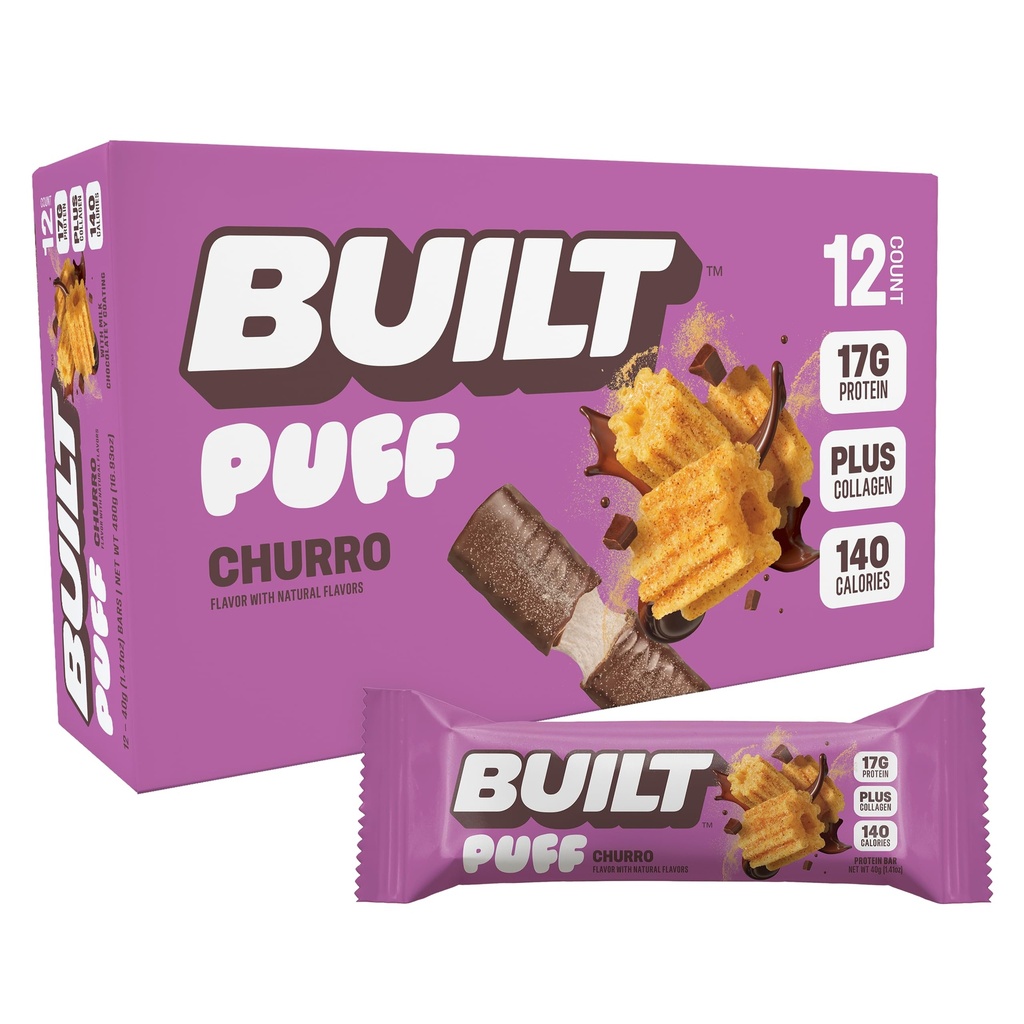 Bar costruito, Barre di proteine di Puff, Puff Churro, 17g Snack proteici, Barre On-The-Go, Solo 140 Calorie & 6g Zucchero, Collagene, senza glutine, 12 conte