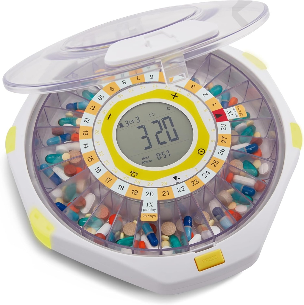 Dispenser automatico di pillole Bluetooth LiveFine, capacità di 28 giorni, avvisi di suono e luce, serratura di chiave, LCD e facile configurazione su L'applicazione LiveFine per le prescrizioni, farmaci, vitamine e integratori - Lid trasparente