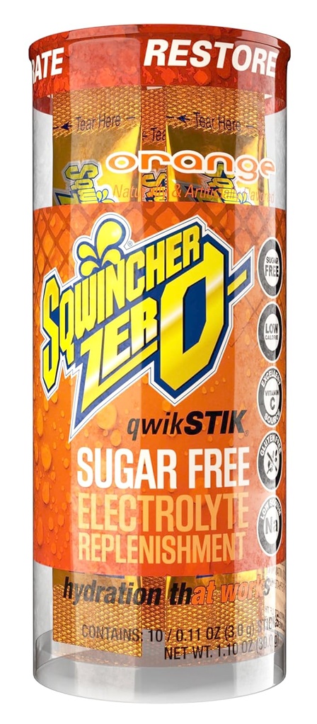 Sqwincher Zero Qwik Stik, Arancione, Zucchero Libero, Calorie basse, Miscela di bevanda di idratazione di polvere di sodio bassa, .11 oz Packet (Pack of 200)