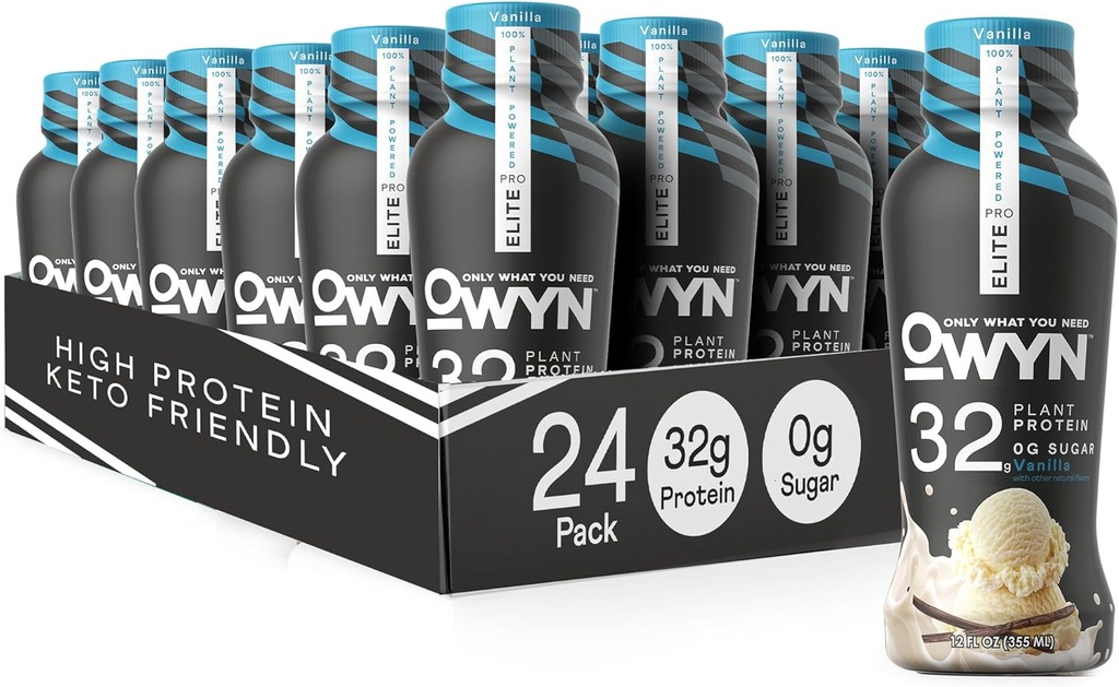 OWYN Solo quello che ti serve Pro Elite Vegan High Protein Keto Shake, 32g Protein, 9 Aminoacidi, Omega-3, Prebiotici, Allenamento e Recupero, 0g Carbi Net, Zucchero Zero (Vanilla, 12 Fl Oz (Pack of 24)