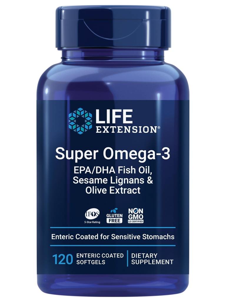 Estensione della vita Super Omega-3 EPA/DHA Fish Oil, sesamo Lignans & Olive Extract – Salute del cuore, Salute del cervello, Inflammation Health Support, Gluten-Free, Enteric-Coated, Non-GMO, 120 Softgels