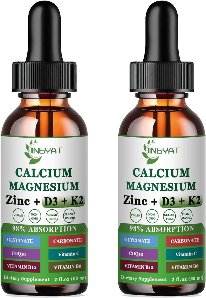 Calcium Magnesium Zinc Liquid Drops, Liquid Magnesium Glycinate 500mg Calcium 1000mg con Vitamina D3,K2,B6,B12,Coq10,6X Più Forte di Gummies Capsule (2 Pack)