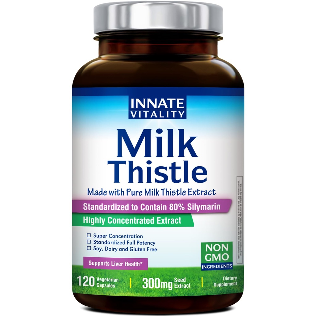 Innate Vitality Organic Milk Thistle Supplement, 300mg Extract, 80% Silymarin Flavonoids, Liver Health, Detox & Cleansing, Made in USA, Non OGM, 120 Veggie Capsule