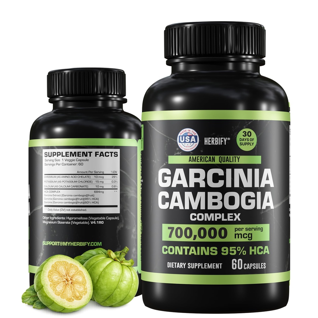 HERBIFY Garcinia Cambogia Integratore di supporto benessere per le donne e gli uomini - Estratto di erbe con proprietà antiossidanti - Booster di energia per la vitalità quotidiana e il supporto digestivo - 60 Conte