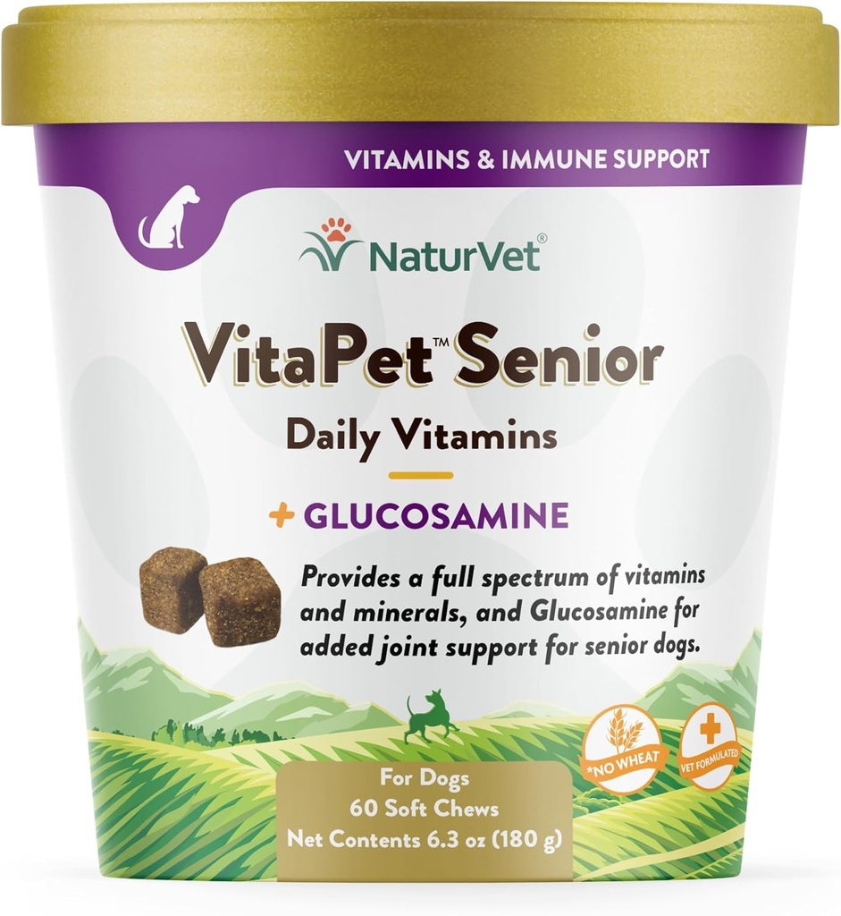 NaturVet VitaPet Senior Daily Vitamins Plus Glucosamine for Dogs, 60 ct Soft Chews, Made in the USA with Globally Source Ingredients