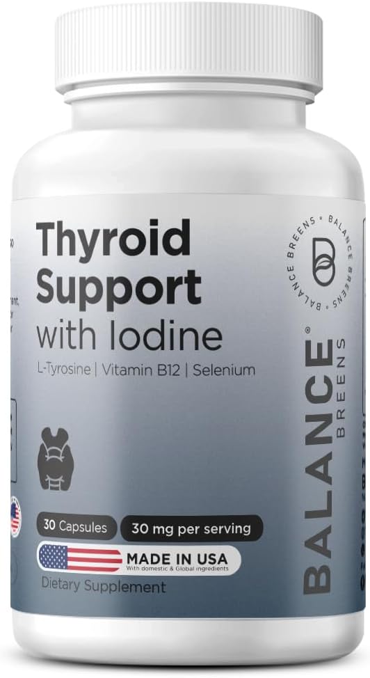 Integratore di supporto tiroideo bilanciato con Iodina, L-tirosina, Vitamina B12 & Selenium, 30 capsule di veg - Energia, Metabolismo & Focus Support