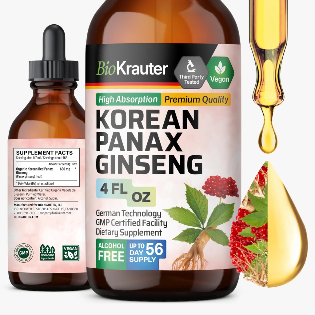 BIO KRAUTER Korean Red Ginseng Extract Liquid - Alcol & Sugar Free Panax Ginseng Supplement - Vegan Immune Support Supplement - 4 Fl. Oz.