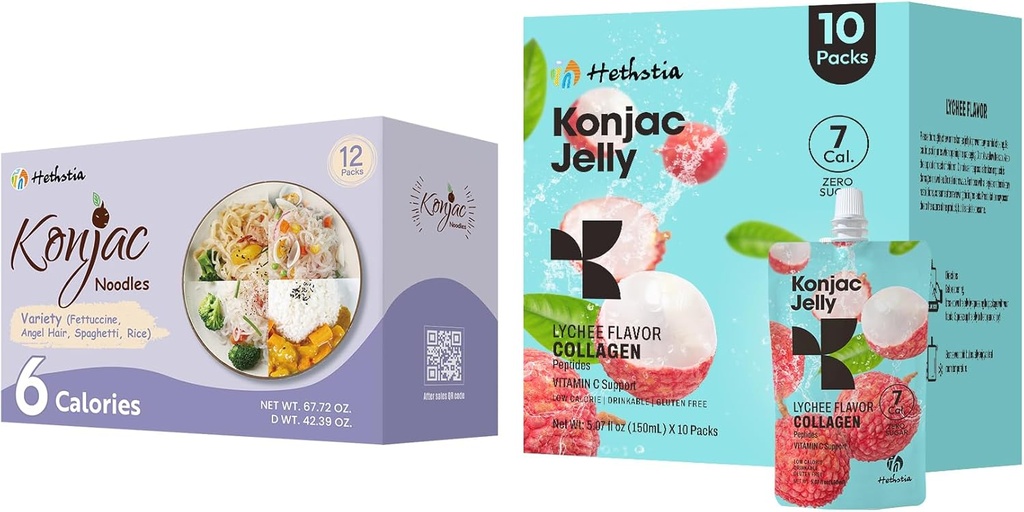 Hethstia Konjac Jelly Lychee Flavor con collagene Peptides 10 pacchetti e Konjac Noodles Variety Gluten Gratis 12 pacchetti Calorie basse, Keto, Sugar Free, Cibo sano