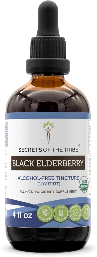 Segreti della Tribe Black Elderberry Alcohol-Free Tincture (Glycerite) 680 mg USDA Organic Black Elderberry (Sambucus Nigra) Dried Berry (4 Fl Oz) Integratore di supporto immunitario