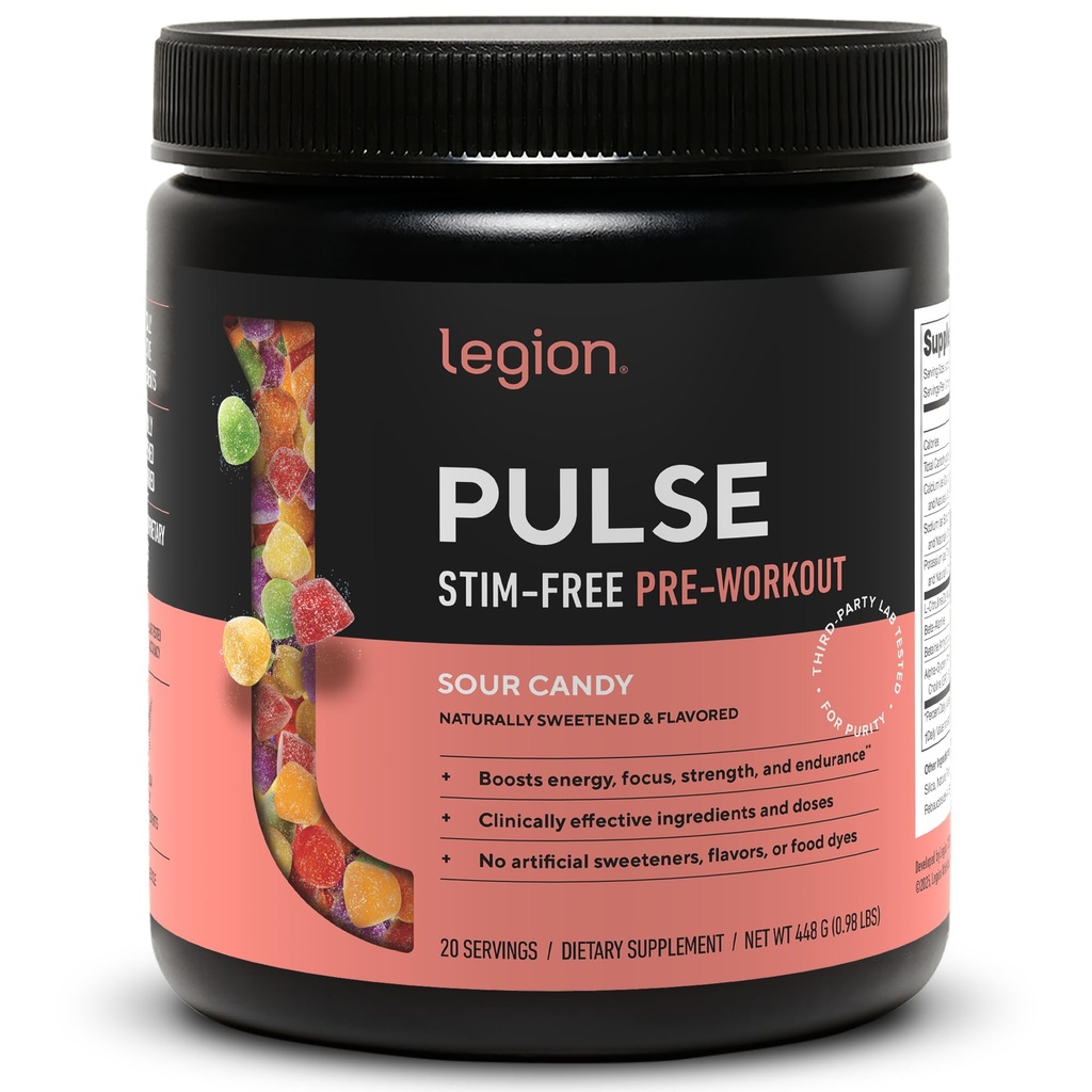 LEGION Pulse Pre Workout Supplemento - Tutto naturale Nitric Oxide Preworkout Drink per aumentare l'energia, Creatina Free, naturalmente addolcito, Beta Alanine, Citrulline, Alpha GPC (Caffeina Free Sour Candy)
