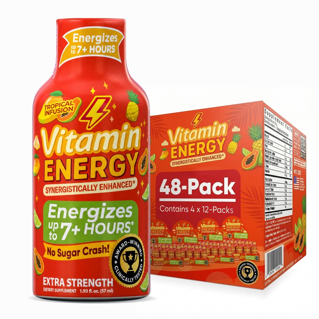 Vitamin Energy Focus+ Extra Strength Energy Shot Tropical Infusion 48 Pack, 260mg Natural Caffeine, B-Vitamins, CoQ10, Aminoacidi, Focus, Produttività & Clarity, Zero Sugar, Gluten-Free, 1.93 fl oz