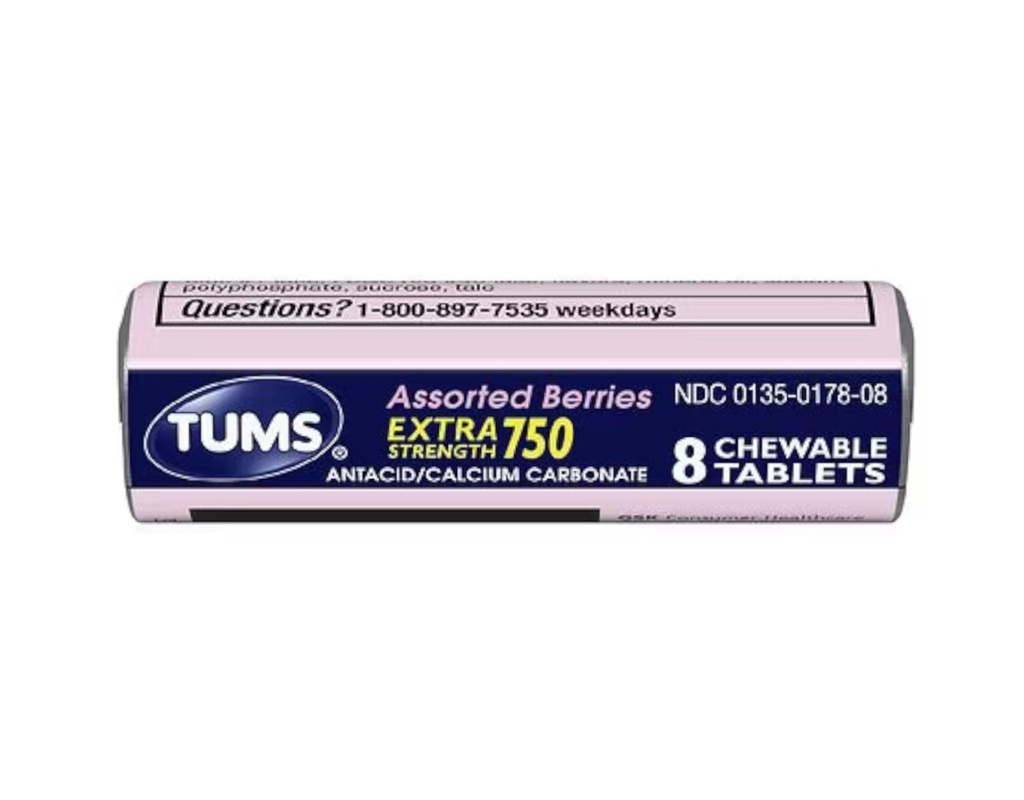 Tums Extra Forza 750 Antacid con Calcium Supplemento Calcium Ricco Assorted Berry Aromaed - 24 Tasca Tavole Rolls di 8 Tavole Chewable Ogni rotolo (192 Chewable Tablets Totale)