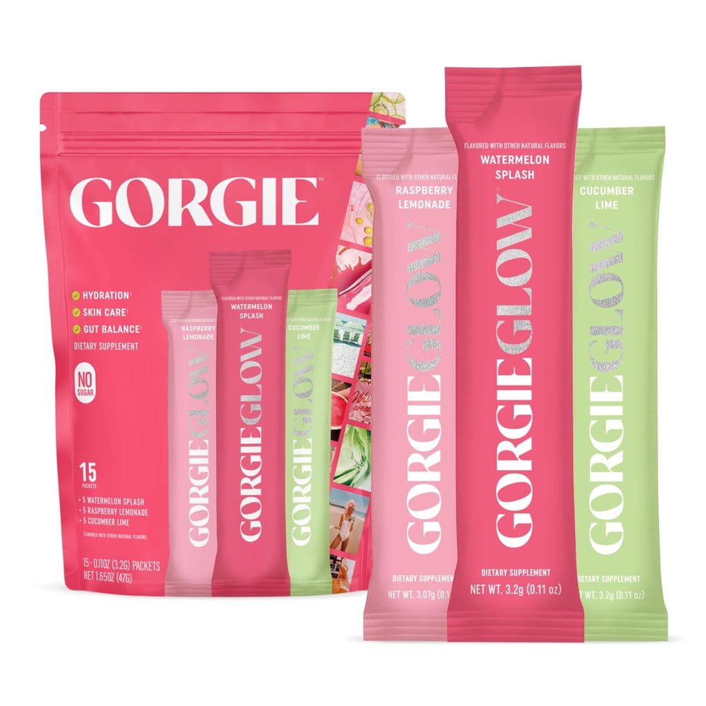 GORGIE Glow Variety Pack 15 Stick, Electrolyte Powder Healthy Drink Mix, w/Hyaluronic Acid, Aquamin, Vitamina C & D, Probiotics, No Sugar, Antiossidanti per l'idratazione, Cura della pelle e equilibrio del fegato
