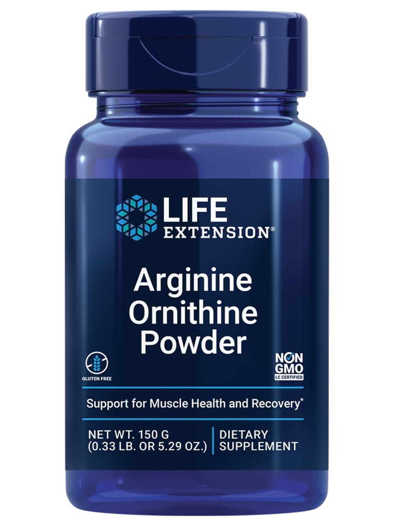 Estensione di vita Arginina Ornithine Polvere, Promuove la salute e il recupero del muscolo, senza glutine, non OGM, peso netto 150 Grammi