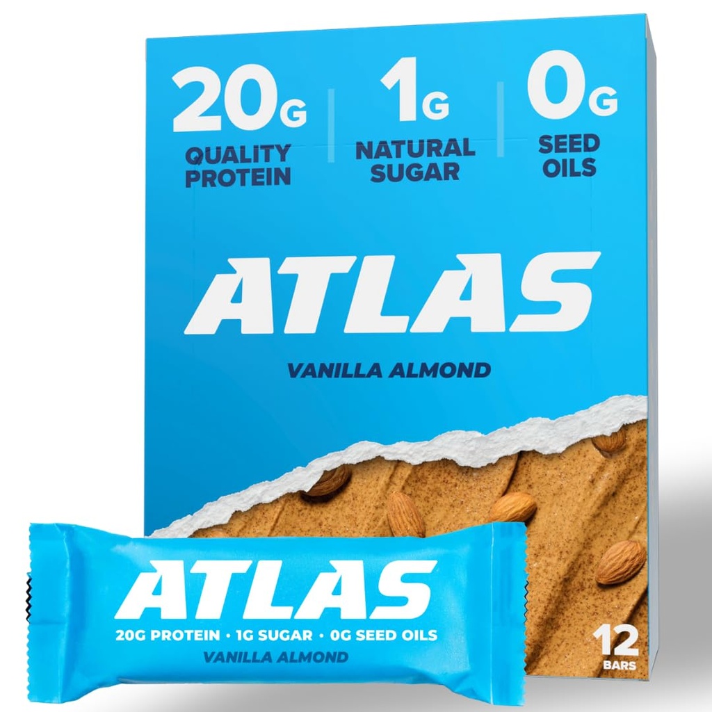 Atlas Protein Bar, 20g Protein, 1g Zucchero, Ingredienti puliti, Senza glutine, Mandorla alla vaniglia (12 Conte, Confezione da 1)