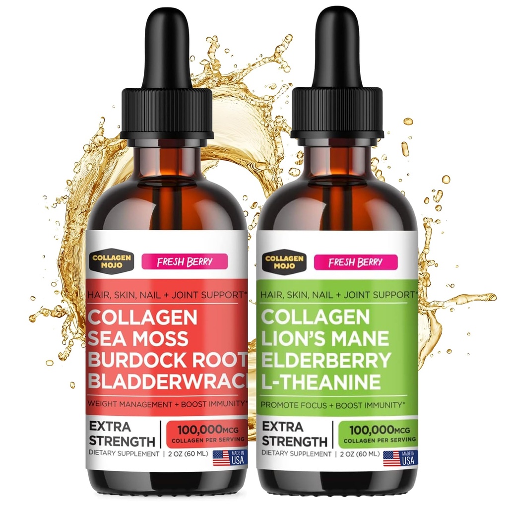 Peptidi di collagene liquido Mojo con Moss di mare, radice di Burdock & Bladderwrack + collagene liquido Peptidi con leoni Mushroom Mane, Elderberry & L-Theanine