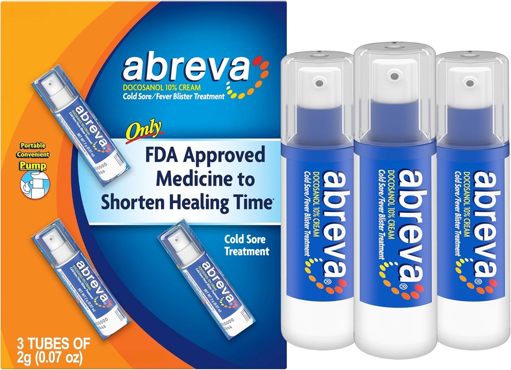 Abreva Docosanol 10% Crema Trattamento di Sore Freddo, Fever Blister e Crema di Sore Freddo - 0,07 Oz Pompa Bottiglia x 3